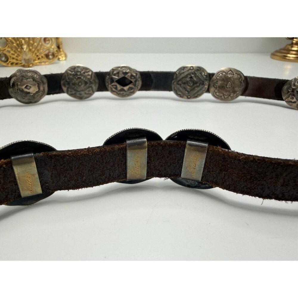 Vintage Native American Sterling Concho Belt Signed Hand Stamped Leather Long - Picture 8 of 16